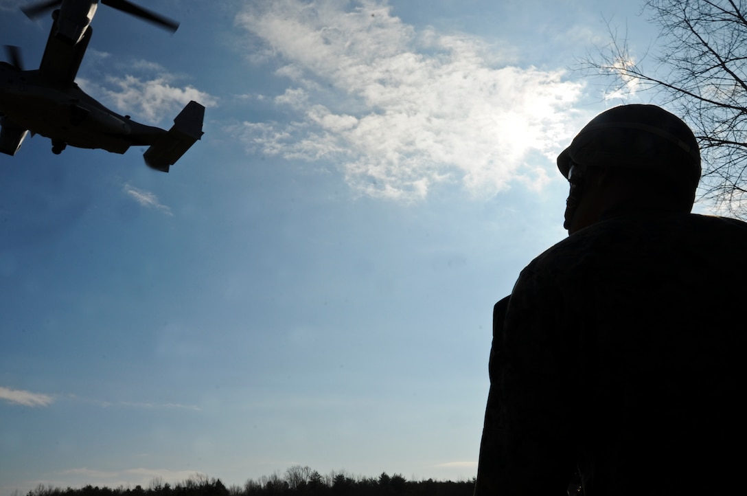 2nd Lt. Gregory Mateo, a Marine awaiting training in the Infantry Officer Course, watches for the first time, an MV-22 Osprey fly by during a proof-of-concept training exercise for tactical employment of the Osprey in future operations at Landing Zone Cockatoo on Feb. 6. It was also the first time for most of the officers going through the training leaving most of them with a look of awe. 
