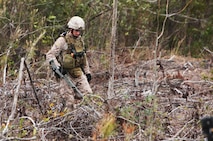A Marine with 2nd Explosive Ordnance Disposal Company, 2nd Marine Logistics Group sweeps through a field with a metal detector during a training exercise aboard Camp Davis, N.C., Feb. 12, 2013. A team of two EOD technicians reported to site of a simulated improvised explosive device as part of the unit’s preparation to support ground operations during their upcoming deployment to Afghanistan. 