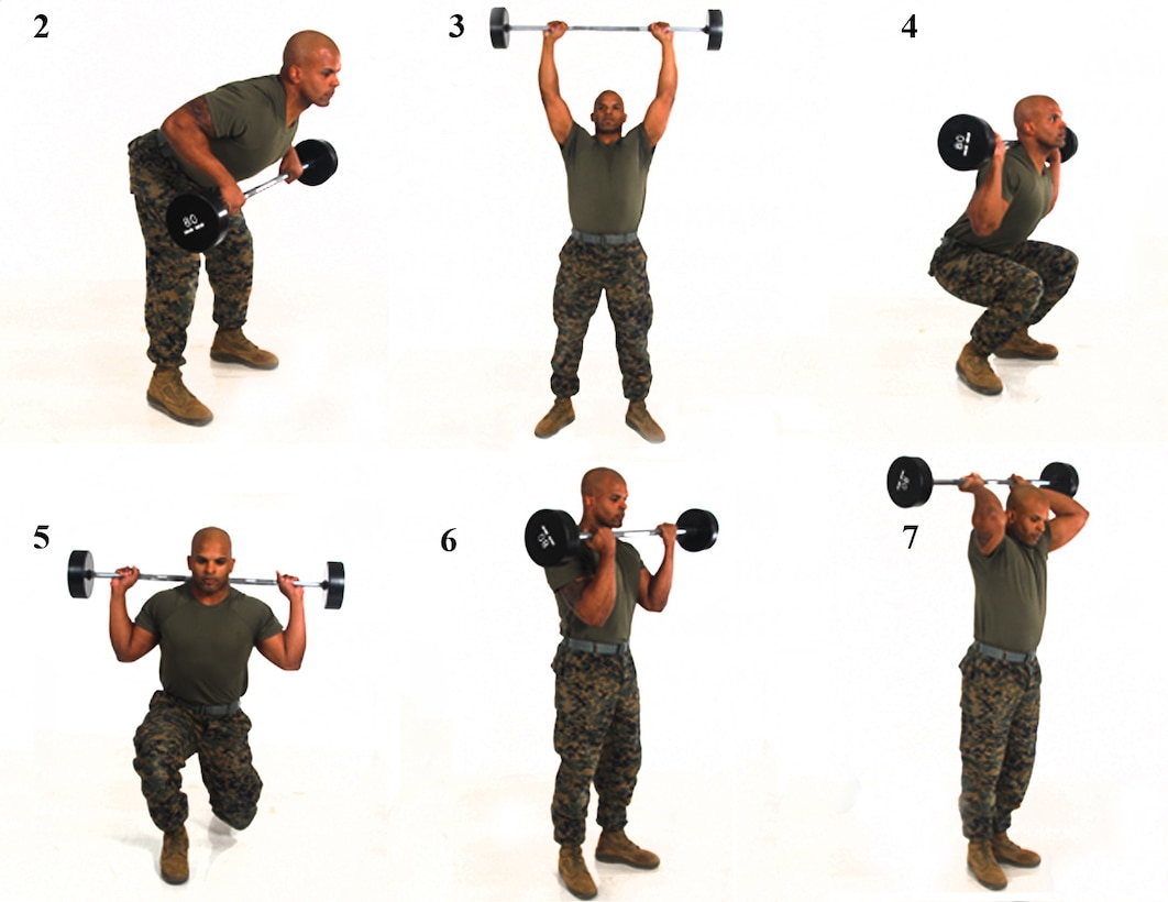Lance Corporal Luis Castro, an administrative clerk on Marine Corps Logistics Base Barstow, demonstrates the weight lifting portion of a full body workout he learned from a You Tube video. The workout consists of four sets of seven exercises. There are no rests in-between exercises, but between each set take three minutes to hydrate and recover for the following set.    