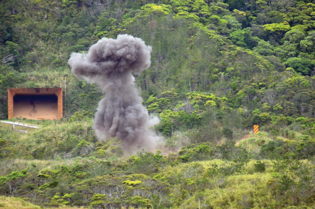 An explosive charge detonates Feb. 8 at Camp Schwab during basic demolition training hosted by 3rd Explosive Ordnance Disposal Company. During the training, Marines learned about assorted shaped charges, common types of explosives and demolition charge preparation. The company is part of 9th Engineer Support Battalion, 3rd Marine Logistics Group, III Marine Expeditionary Force. 