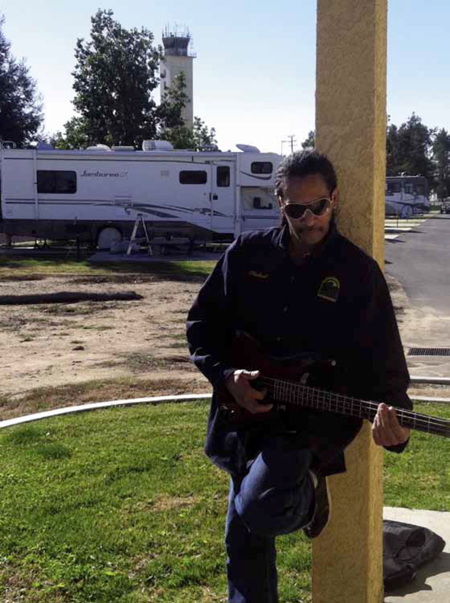Mike Brown, 452d Force Support Squadron Morale Welfare and Recreation associate, is an avid bass guitar player. He devotes his off time performing for audiences around the Inland Empire with partner Lee Nelson and songstress Autumn. (U.S. Air Force photo by Darnell Gardner)