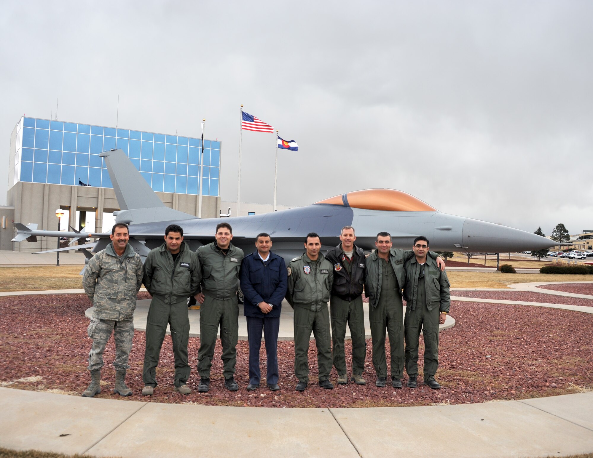 Six members of the Royal Jordanian Air Force visited the 140th Wing, Colorado Air National Guard, as part of the week-long State Partnership Program Aviation Safety Exchange to share ideas and best practices about aviation safety and build relationships with Colorado Air National Guard counterparts at Buckley Air Force Base in Aurora, Colo., Feb. 4-9, 2013. (Air National Guard Photo / Senior Master Sgt. John P. Rohrer)