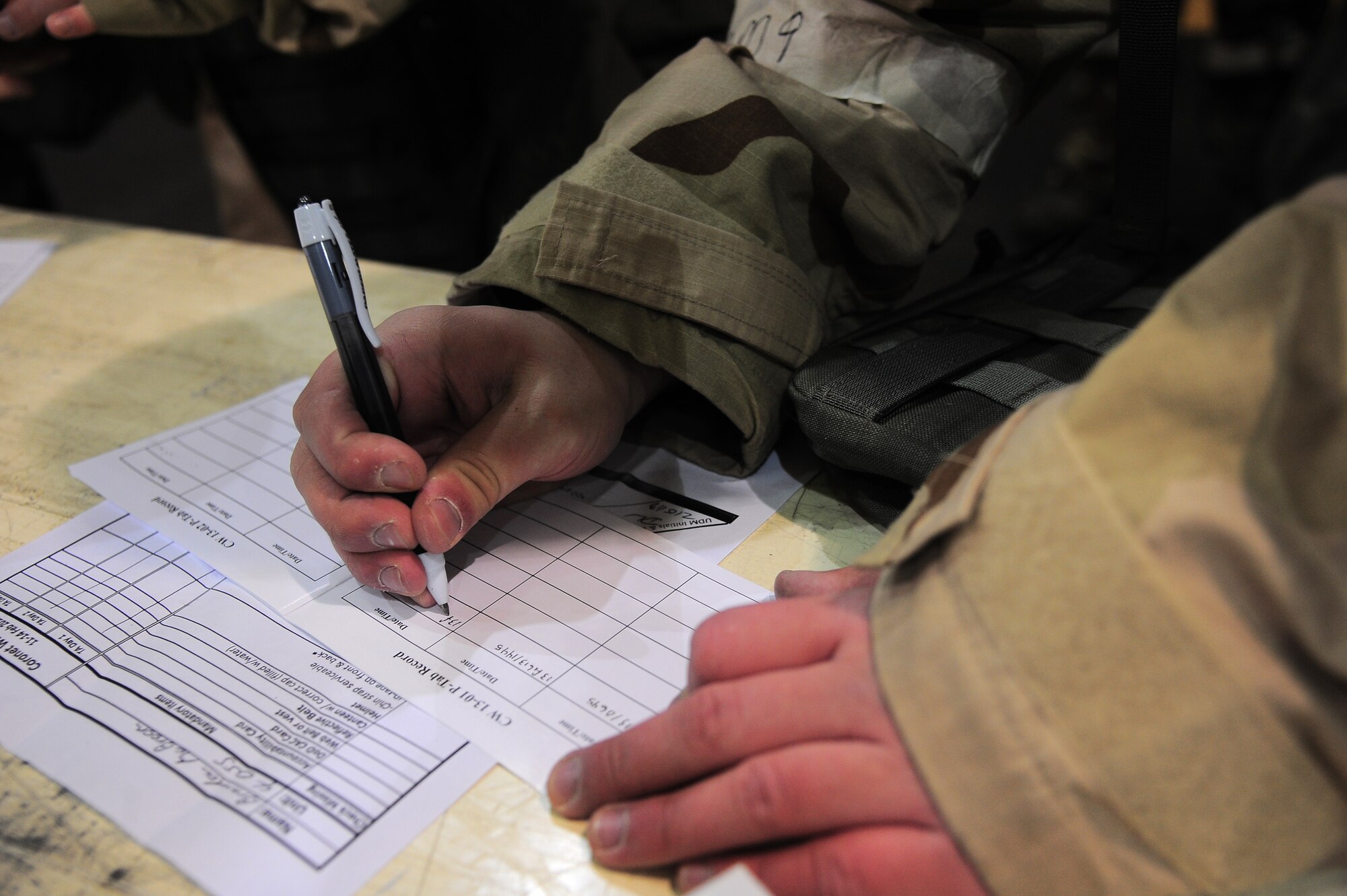 A U.S. Air Force Airman assigned to the 4th Fighter Wing updates his pyridostigimine  tablets record as he processes through the transition area during Operational Readiness Exercise Coronet Warrior 13-02 on Seymour Johnson Air Force Base, N.C., Feb. 14, 2013. P-tabs are used to pre-treat deployed Airmen for possible exposure to nerve agents. (U.S. Air Force photo/Airman 1st Class Aubrey White/Released)