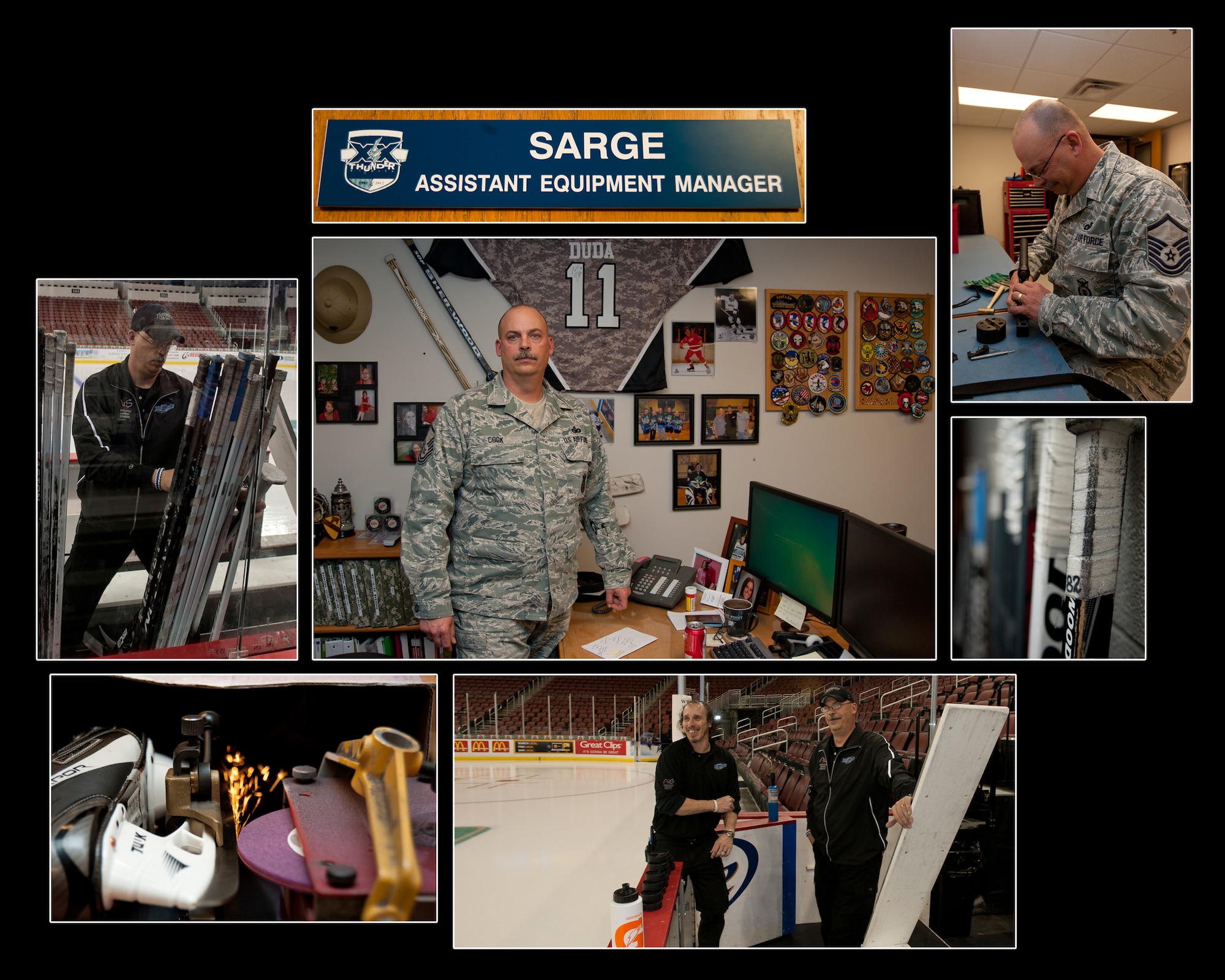 Master Sgt. Frank Cook, 184th Security Forces Squadron supply mobility NCO in charge, spends his spare time working as the assistant equipment manager for the Wichita Thunder, a local Central Hockey League team. He manages, repairs and keeps stock of equipment for both the 184 SFS and the hockey team on a daily basis. (U.S. Air Force illustration/Airman 1st Class Victor J. Caputo)