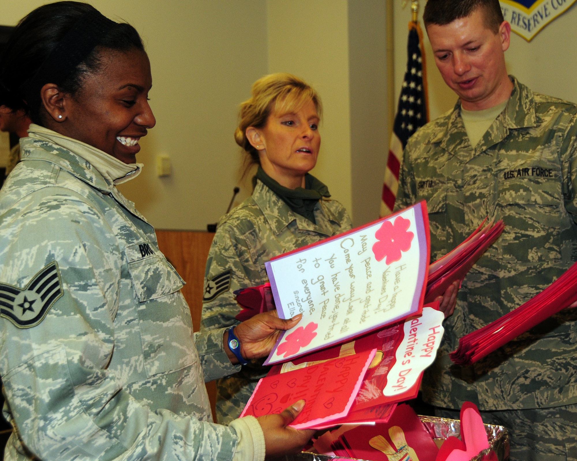 Edward A. Rath III, Erie County Legislator presented Valentine day cards to members of the 914th and 107th Airlift Wings during a presentation at the Niagara Falls Air Reserve Station on February 14, 2013. The cards were hand made by participating Western New York elementary school children. The "Valentines for Vets" Program is in its third year and has been distributed to local veterans and those overseas. (U.S. Air Force photo by Peter Borys)