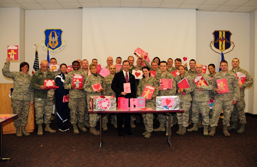 Edward A. Rath III, Erie County Legislator presented Valentine day cards to members of the 914th and 107th Airlift Wings during a presentation at the Niagara Falls Air Reserve Station on February 14, 2013. The cards were hand made by participating Western New York elementary school children. The "Valentines for Vets" Program is in its third year and has been distributed to local veterans and those overseas. (U.S. Air Force photo by Peter Borys)