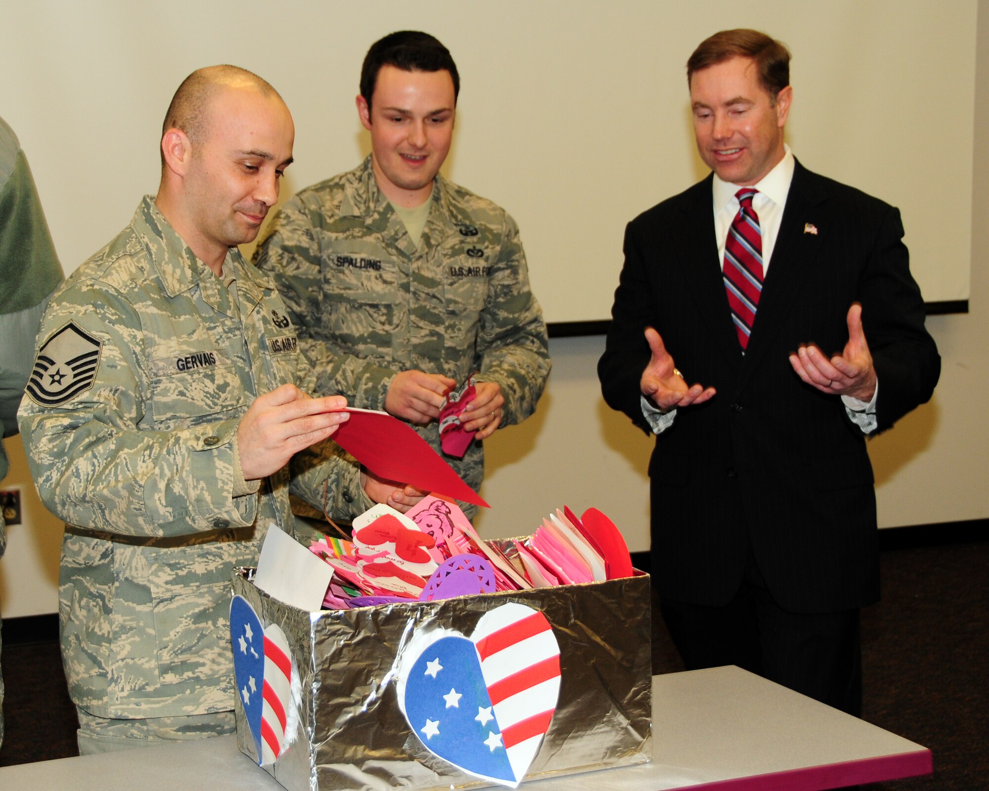 Edward A. Rath III, Erie County Legislator presented Valentine day cards to members of the 914th and 107th Airlift Wings during a presentation at the Niagara Falls Air Reserve Station on February 14, 2013. The cards were hand made by participating Western New York elementary school children. The "Valentines for Vets" Program is in its third year and has been distributed to local veterans and those overseas. (U.S. Air Force photo by Peter Borys)