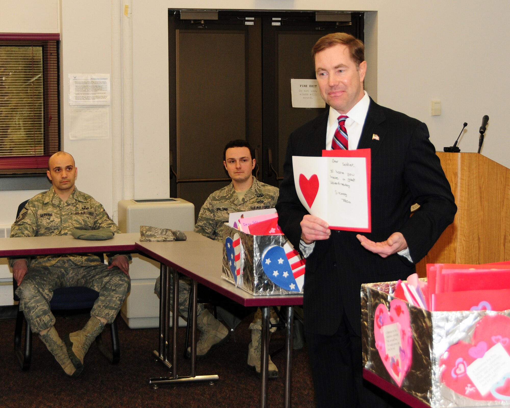 Edward A. Rath III, Erie County Legislator presented Valentine day cards to members of the 914th and 107th Airlift Wings during a presentation at the Niagara Falls Air Reserve Station on February 14, 2013. The cards were hand made by participating Western New York elementary school children. The "Valentines for Vets" Program is in its third year and has been distributed to local veterans and those overseas. (U.S. Air Force photo by Peter Borys)