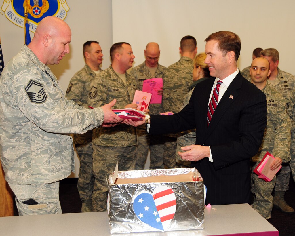 Edward A. Rath III, Erie County Legislator presented Valentine day cards to members of the 914th and 107th Airlift Wings during a presentation at the Niagara Falls Air Reserve Station on February 14, 2013. The cards were hand made by participating Western New York elementary school children. The "Valentines for Vets" Program is in its third year and has been distributed to local veterans and those overseas. (U.S. Air Force photo by Peter Borys)