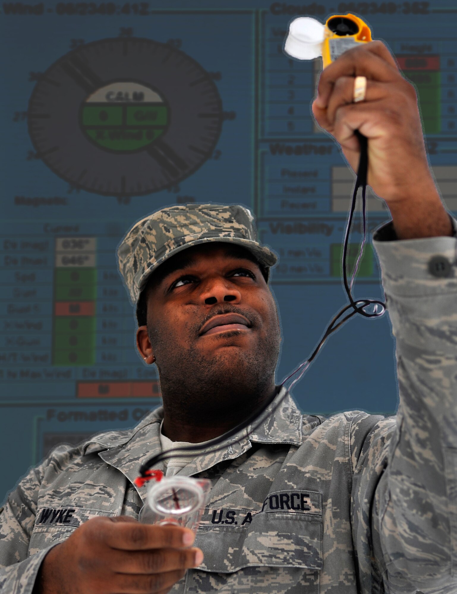 U.S. Air Force Staff Sgt. Ramel Wyke, 354th Operations Support Squadron weather technician, demonstrates how to measure wind speeds using a Kestrel 4500 hand-held weather station Feb. 6, 2013, Eielson Air Force Base, Alaska. Weather personnel are trained to measure wind, temperature and pressure with a Kestrel to prepare them to operate in any environment. (U.S. Air Force photo illustration/Senior Airman Racheal E. Watson)