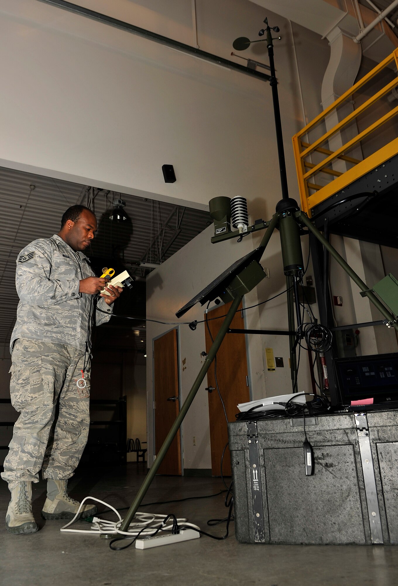U.S. Air Force Staff Sgt. Ramel Wyke, 354th Operations Support Squadron weather technician, runs an operational check on a Tactical Meteorological Observing System Feb. 6, 2013, Eielson Air Force Base, Alaska. Weather personnel perform a quarterly operational check on a TMOS, a portable weather station used in deployed locations to electronically measure weather.  (U.S. Air Force photo/Senior Airman Racheal E. Watson)
