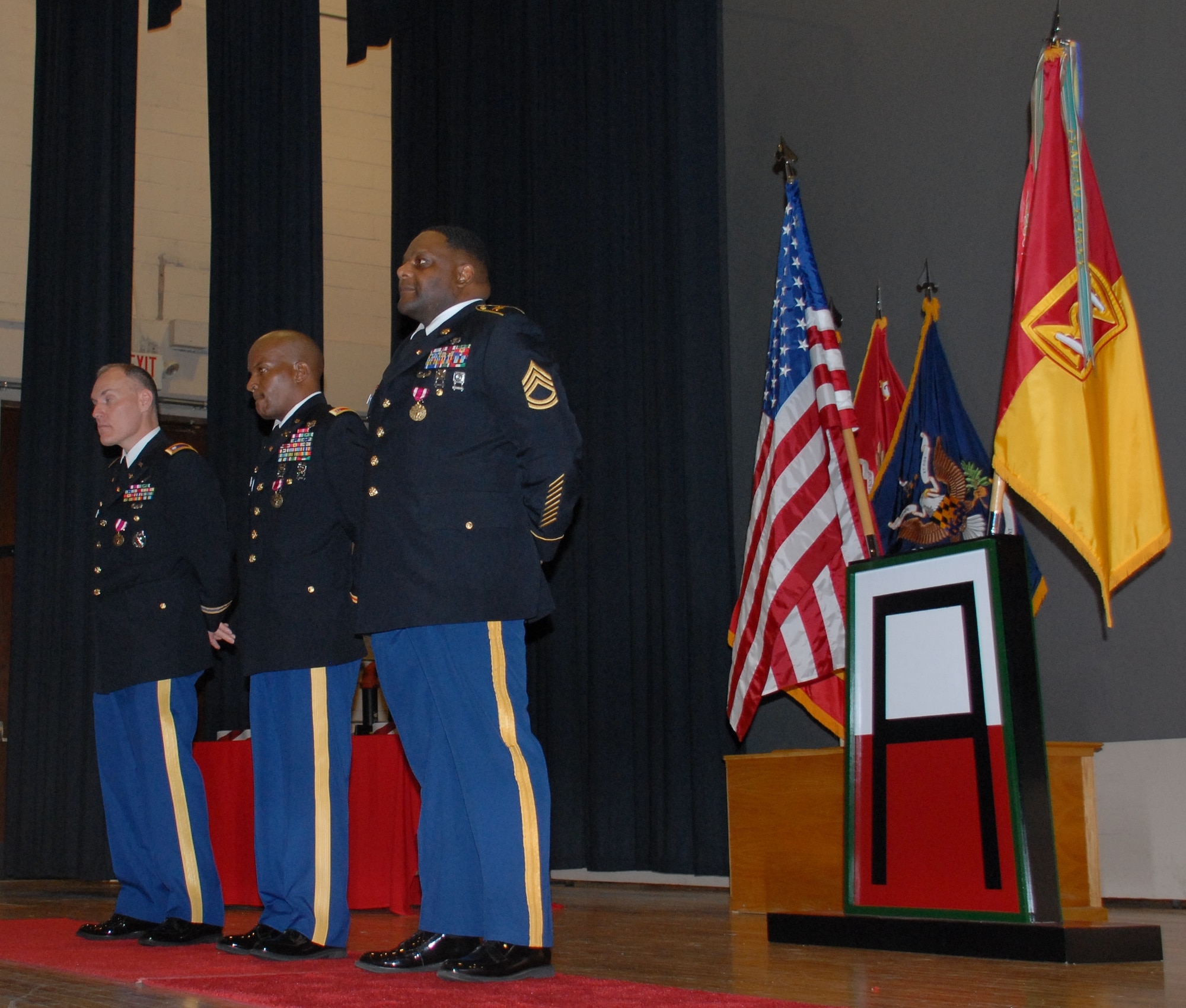 (Left to Right) Lt. Col. Todd Kickbusch, 2nd Battalion, 315th Field Artillery Regiment; Chief Warrant Officer 4 Jerome Rush, 2nd Battalion, 315th Field Artillery Regiment; and Sgt. 1st Class Milton Townsend, Headquarters and Headquarters Battery, stand at parade rest during their retirement ceremony Jan. 30, 2013, at Joint Base McGuire-Dix-Lakehurst, N.J. The three Soldiers have more than 69 years of combined military service. (U.S. Army photo by Staff Sgt. Nicole Dykstra/Released)
