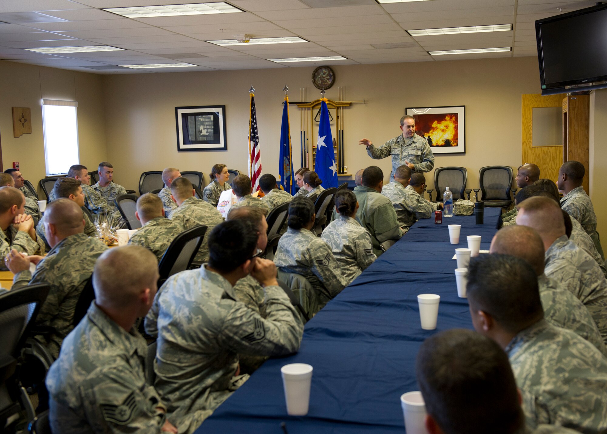 Major Gen. Timothy A. Byers, The Civil Engineer, Headquarters U.S. Air Force, Washington, D.C., has lunch with the 49th Civil Engineers Squadron Non-Commissioned Officers at Holloman Air Force Base, N.M., Feb. 13. Byers spoke with the NCOs about the importance of being front line supervisors and the challenges they must cope with as the career field moves forward. Byers is responsible for organizing, training and equipping the 60,000-person engineering force, and for planning, development, construction, maintenance, utilities and environmental quality on Air Force bases worldwide. (U.S. Air Force photo by Senior Airman DeAndre Curtiss/Released) 