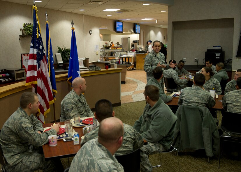 Major Gen. Timothy A. Byers, The Civil Engineer, Headquarters U.S. Air Force, Washington, D.C., has breakfast with Airmen from the 49th Civil Engineer Squadron at Holloman Air Force Base, N.M., Feb. 13. Byers spoke with the Airmen about leadership and where the CE career field may be headed; he also took various questions from the group. Byers is responsible for organizing, training and equipping the 60,000-person engineering force, and for planning, development, construction, maintenance, utilities and environmental quality on Air Force bases worldwide. (U.S. Air Force photo by Senior Airman DeAndre Curtiss/Released) 
