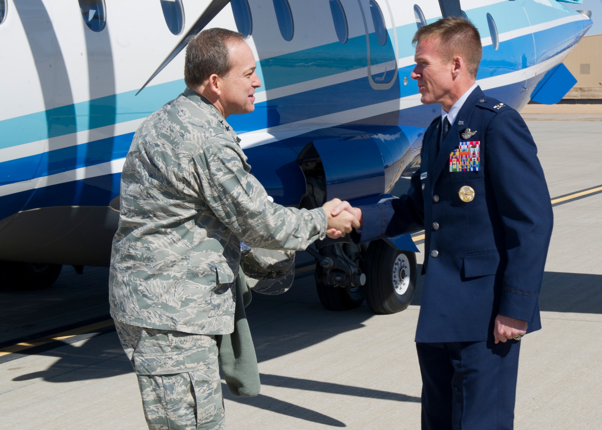 Major Gen. Timothy A. Byers, The Civil Engineer, Headquarters U.S. Air Force, Washington, D.C., is greeted by Col. Kenneth Ekman, 49th Wing vice commander, after arriving at Holloman AFB, Feb. 12. Byers came to Holloman to present the 49th Civil Engineer Squadron with the Curtin Award which is given to the most outstanding large, small and Reserve civil engineer units in the Air Force each year. (U.S. Air Force photo by Senior Airman DeAndre Curtiss/Released) 