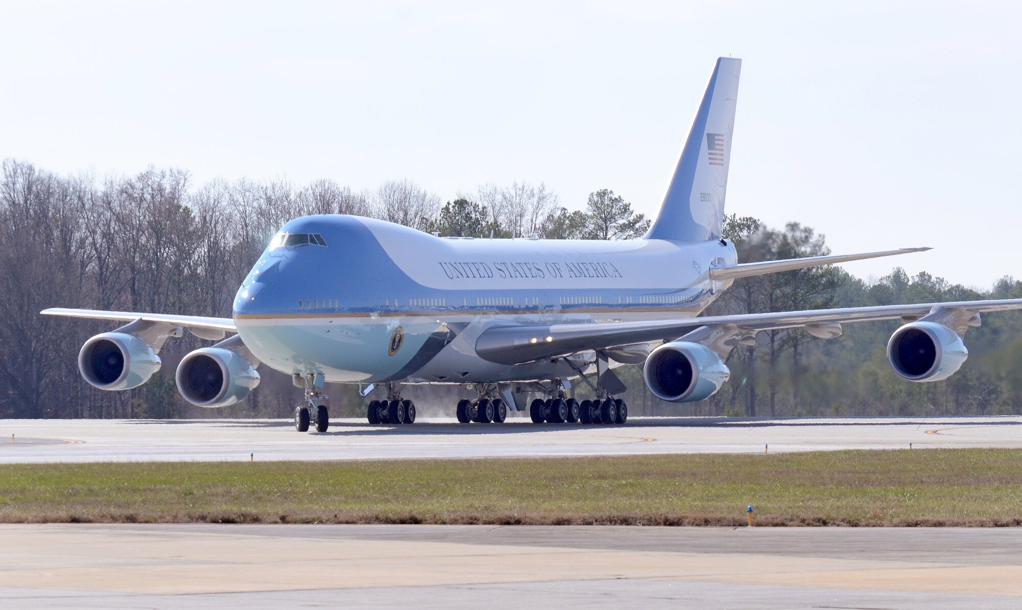 Air Force One taxis toward the parking ramp at Dobbins Air Reserve Base, Marietta, Ga., Feb. 14.  President Obama is going to the City of Decatur Recreation Center today to discuss proposals outlined in his state of the union speech.  (U.S. Air Force photo/ Brad Fallin)