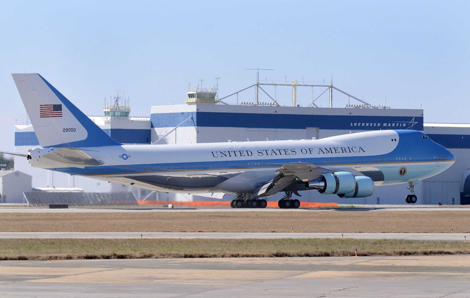 Air Force One arrives at Dobbins Air Reserve Base, Marietta, Ga., Feb. 14.  President Obama is going to the City of Decatur Recreation Center today to discuss proposals outlined in his state of the union speech.  (U.S. Air Force photo/ Brad Fallin)