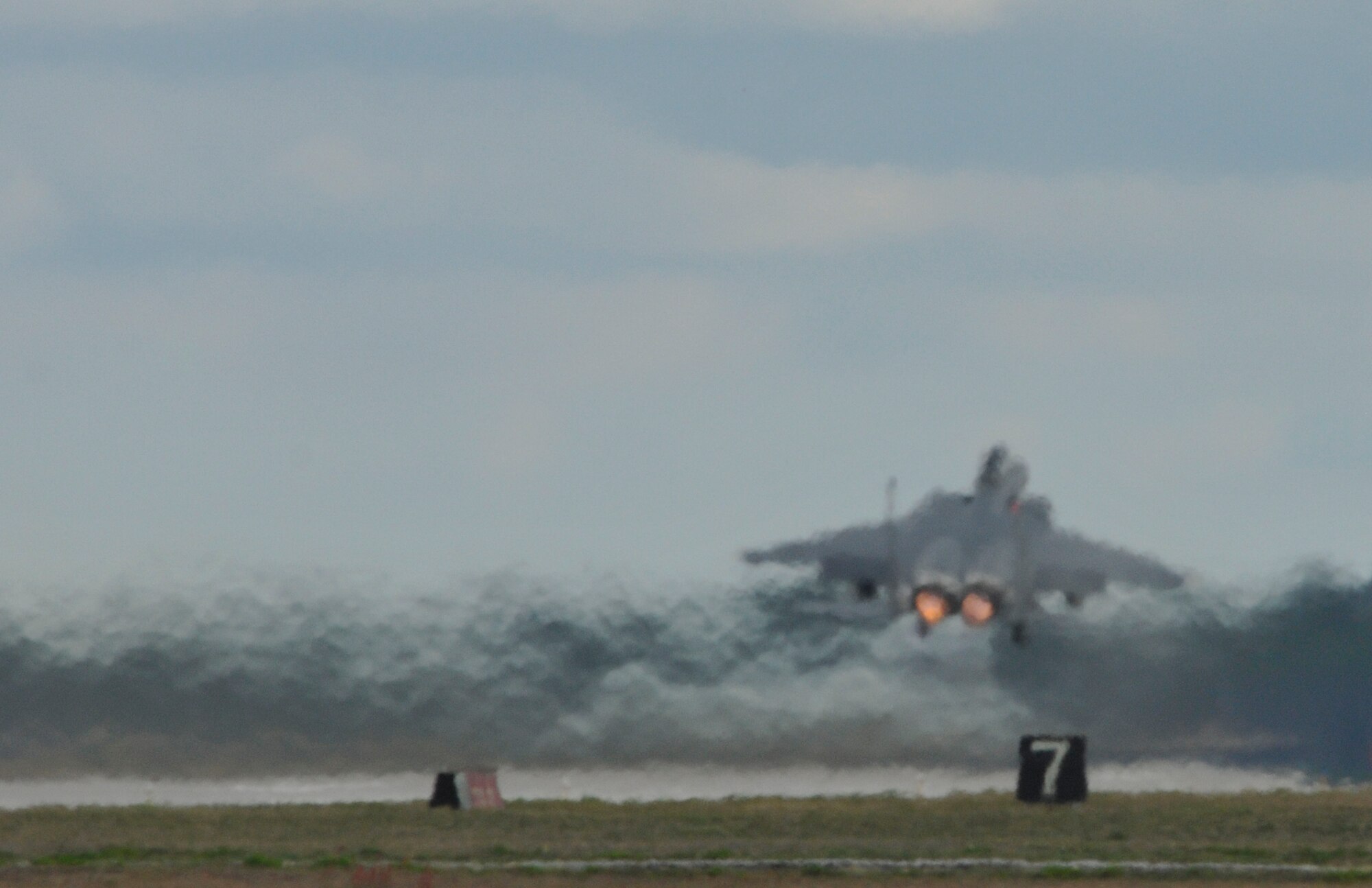 A fighter jet takes off during Combat Archer Feb. 6 at Tyndall Air Force Base, Fla. The 53rd Weapons Evaluation Group recently conducted the air-to-air Weapons System Evaluation Program, known as Combat Archer, which exercises and evaluates the air-to-air weapon system capability of combat aircraft. (U.S. Air Force photo by Master Sgt. J. Scott Wilcox)