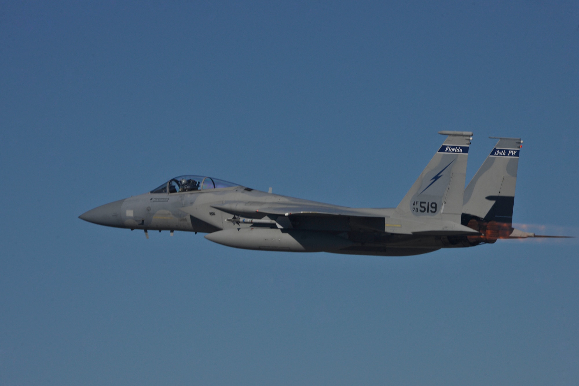 An F-15C Eagle flies over Tyndall Air Force Base, Fla., during Combat Archer Jan. 31. The 53rd Weapons Evaluation Group recently conducted the air-to-air Weapons System Evaluation Program, known as Combat Archer, which exercises and evaluates the air-to-air weapon system capability of combat aircraft. (U.S. Air Force photo by Master Sgt. J. Scott Wilcox)