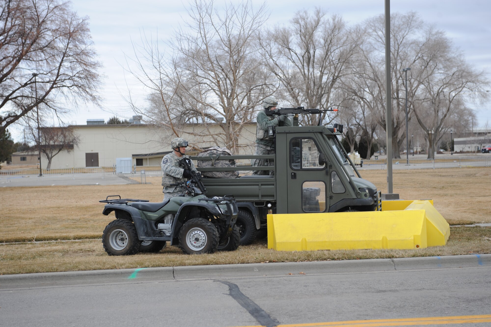 Members of the 366th Security Forces Squadron provide vehicle mounted over watch during the Sharpshooter 13-2 exercise Feb, 13, 2013, at Mountain Home Air Force Base, Idaho. The goal of this particular Operational Readiness Exercise is to test the capabilities of all base entities for deficiencies and faults which can be addressed and resolved at a later date. (U.S. Air Force photo/Senior Airman Benjamin Sutton)