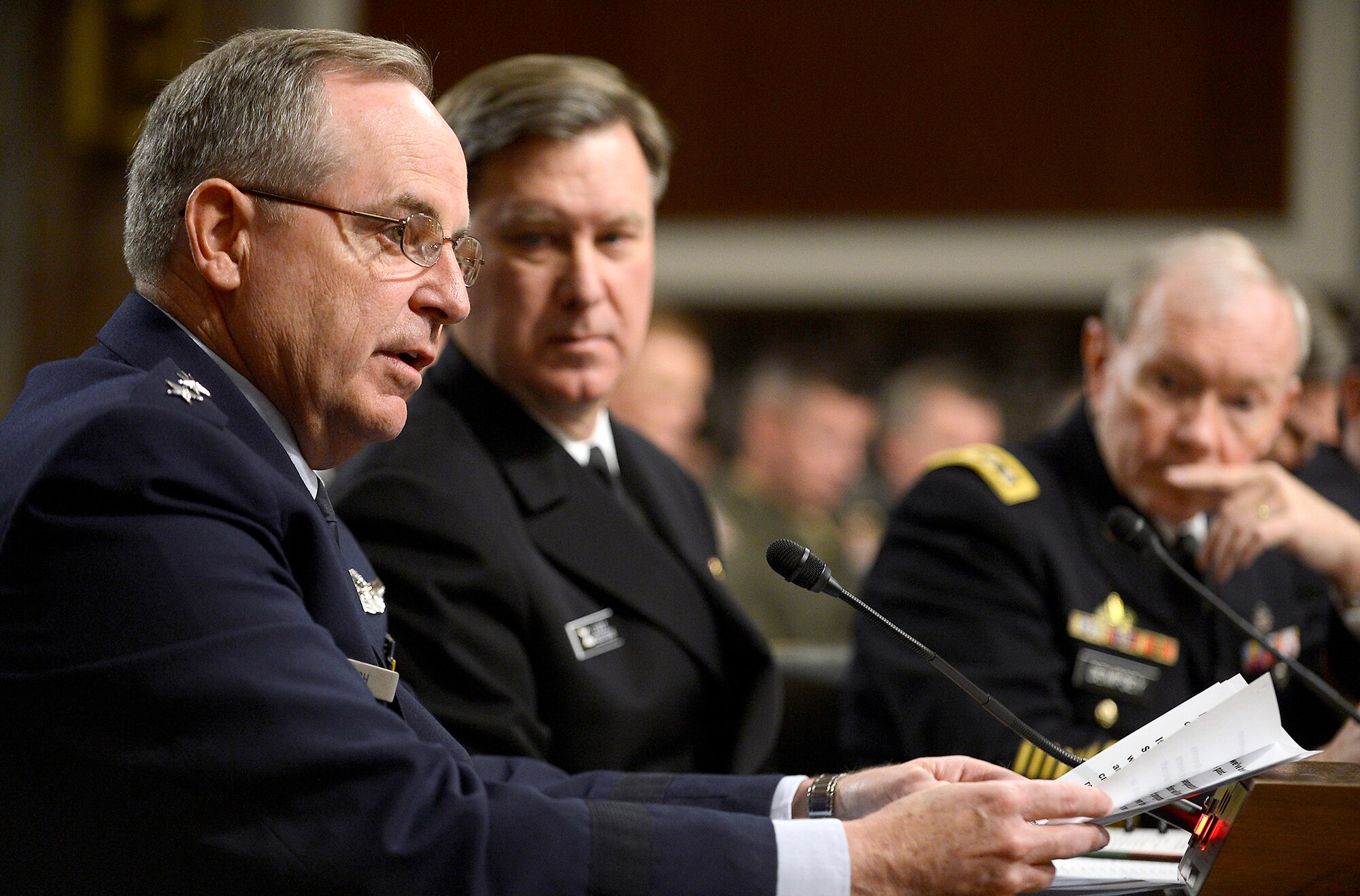 Chief of Staff Gen. Mark A. Welsh III testifies with a panel of Defense Department witnesses on Capitol Hill, Feb. 12, 2013, during a hearing before the Senate Armed Services Committee about the potential impact of sequestration and a full-year continuing resolution. (U.S. Air Force photo/Scott M. Ash