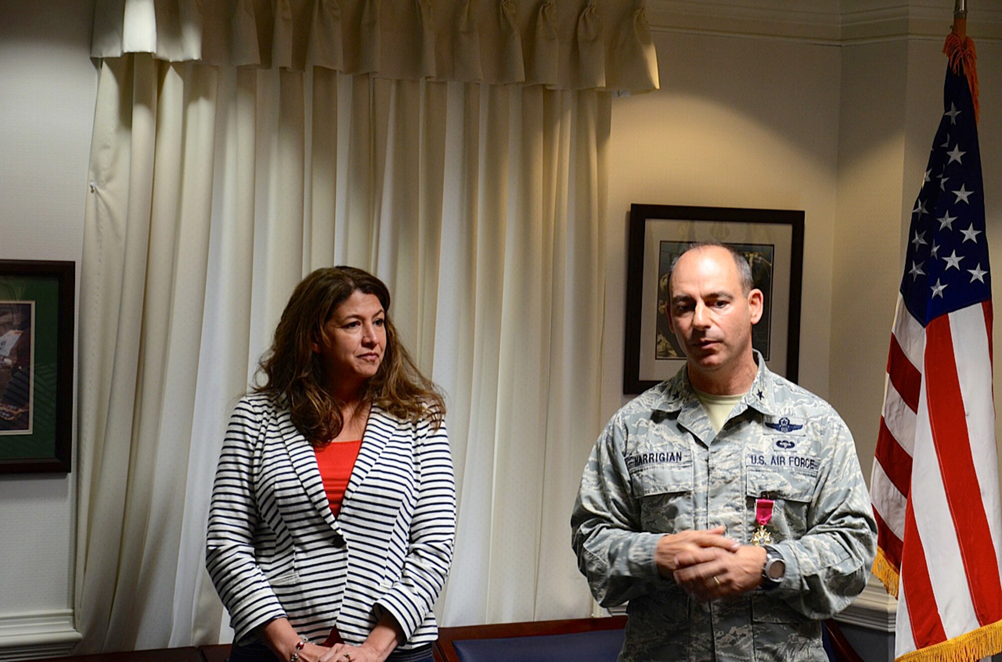 Brig. Gen. Jeffrey Harrigian recieved the Legion of Merit Medal accompanied by his wife Kathy Harrigian at Shaw Air Force Base, S.C., Feb 8., 2013 . The award highlights the great work of the Airmen in the U.S. Air Force Central Command, both state-side and deployed. (Courtesy photo)