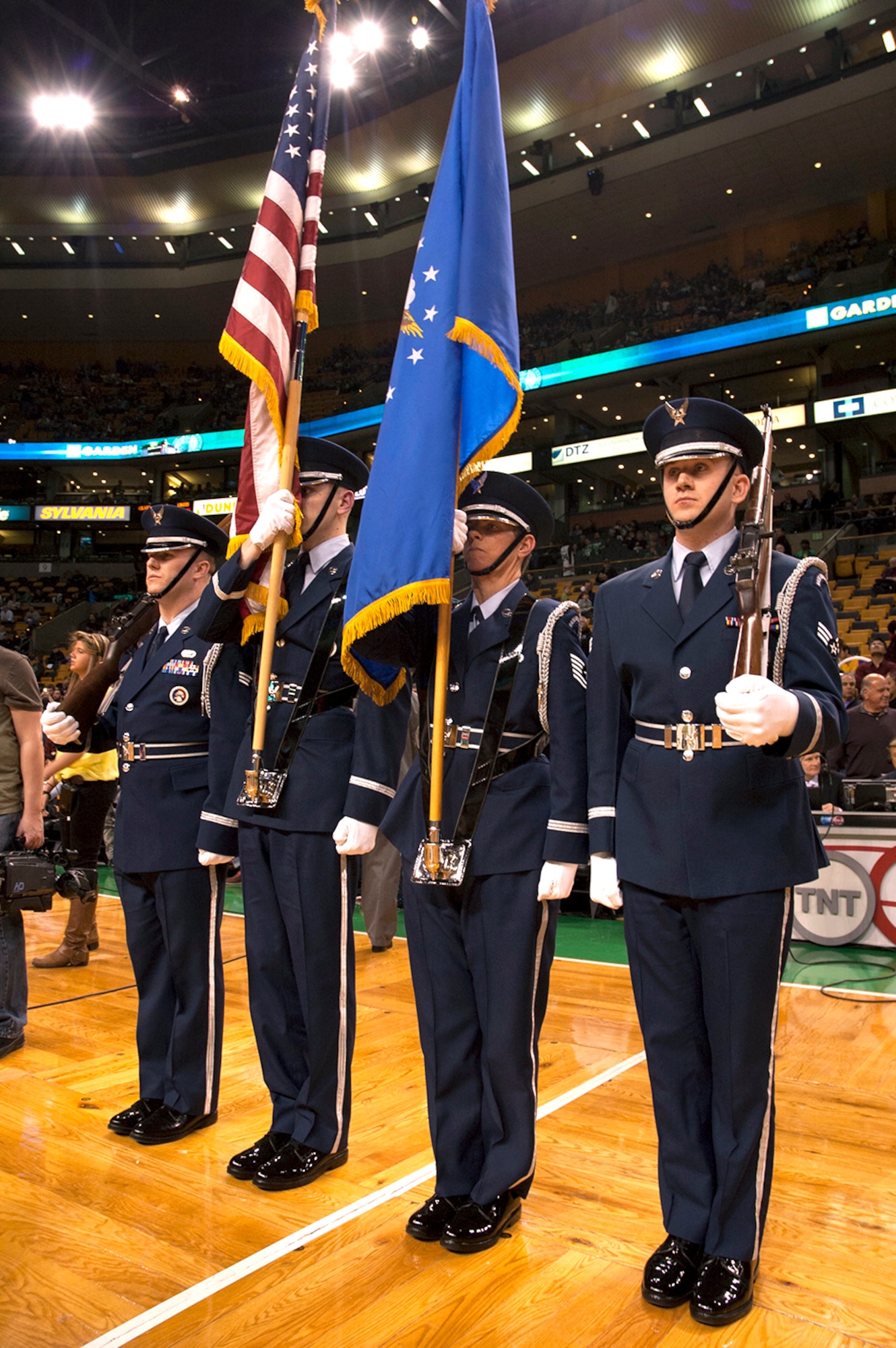 BOSTON – The Patriot Honor Guard stands in position moments before the national anthem at the Boston Celtics vs. Los Angeles Lakers basketball game at TD Garden Feb. 7. The honor guard represents the Air Force at many sporting events throughout the region. (U.S. Air Force photo by Lance H. Beebe)