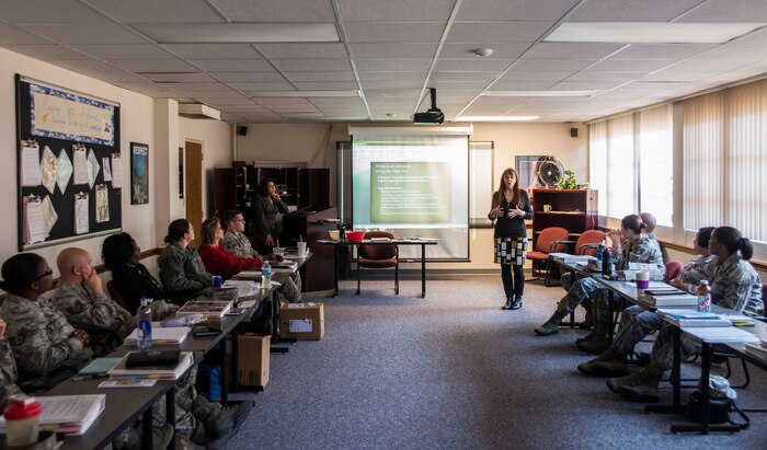 A representative from People Against Rape discusses the services available to military members affected by sexual assault during a victim advocate training course Feb. 5, 2013, at Joint Base Charleston – Air Base. Airmen and civilians went through the extensive training in preparation for assisting victims in reporting and recovering from a sexual assault. (U.S. Air Force photo/ Senior Airman George Goslin)
