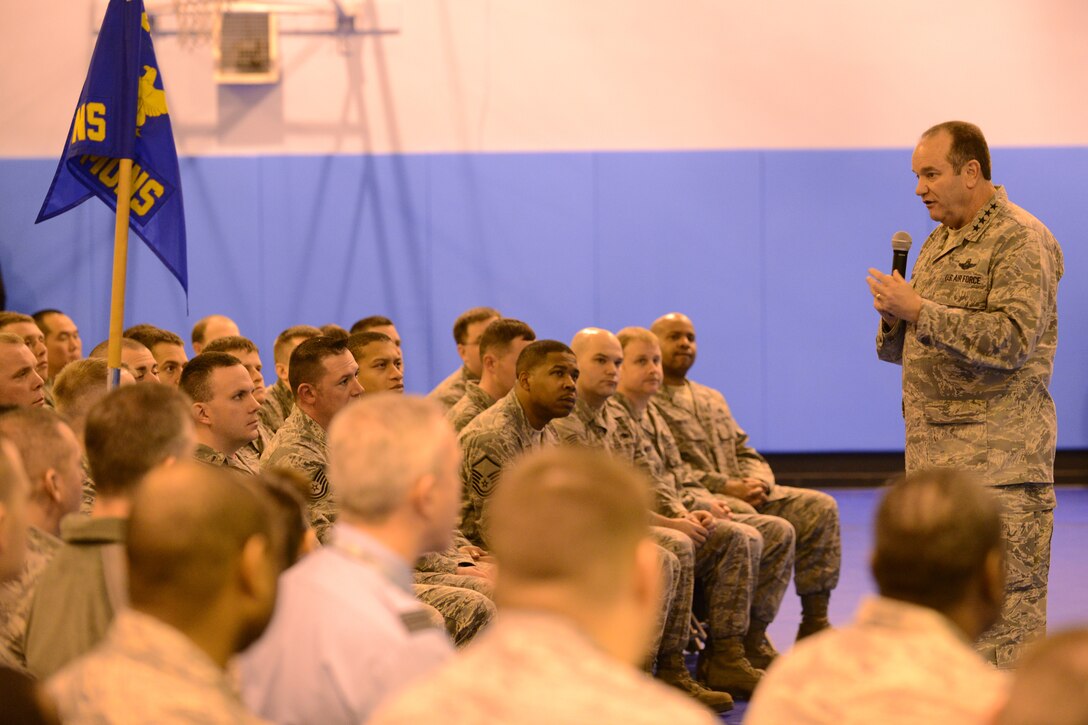 RAF CROUGHTON, United Kingdom –Gen. Philip M. Breedlove, U.S. Air Forces in Europe and Air Forces Africa commander, gives an all-call at RAF Croughton Feb. 6 during his tour of the 501st Combat Support Wing. During the all-call, the general and Chief Master Sgt. Craig A. Adams, USAFE/AFAFRICA command chief, focused on three key areas: Mission, Airmen and Families. (U.S. Air Force photo by Tech. Sgt. Chrissy Best)