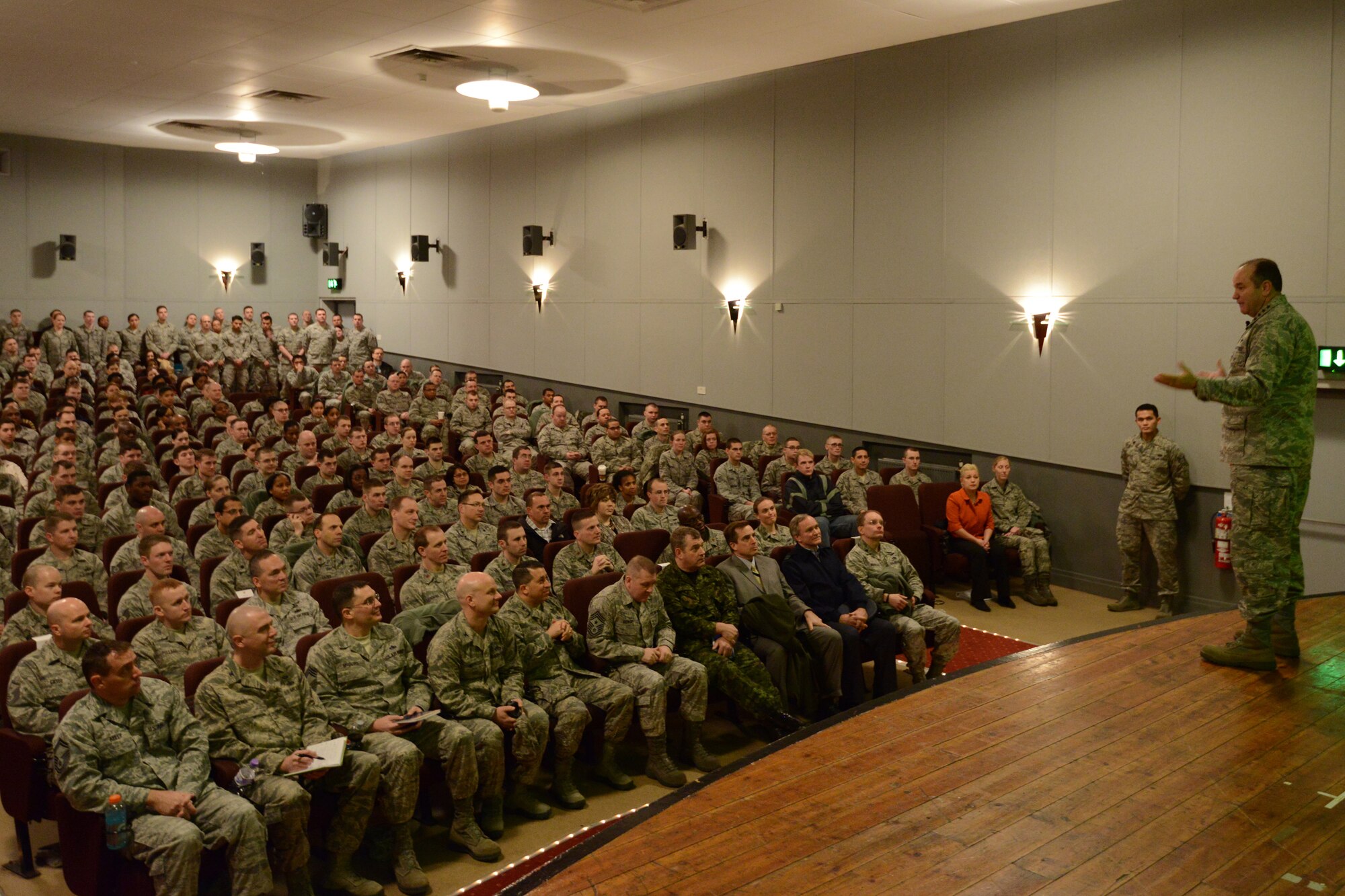 RAF ALCONBURY, United Kingdom –Gen. Philip M. Breedlove, U.S. Air Forces in Europe and Air Forces Africa commander, gives an all-call at RAF Alconbury Feb. 6 during his tour of the 501st Combat Support Wing. During the all-call, the general and Chief Master Sgt. Craig A. Adams, USAFE/AFAFRICA command chief, focused on three key areas: Mission, Airmen and Families. (U.S. Air Force photo by Tech. Sgt. Chrissy Best)