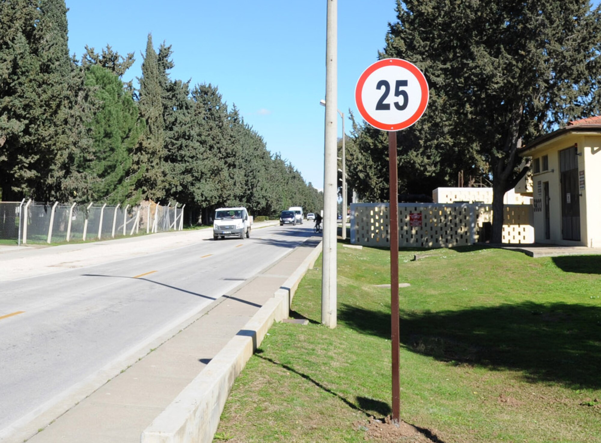 Effective immediately, the speed limit on D Street has been reduced to 25 kph, or 15 mph, to help ensure safe travel for Incirlik residents during construction projects at Incirlik Air Base, Turkey. All Incirlik motorists must adhere to the new speed limit, or be subject to citation. (U.S. Air Force photo by Staff Sgt. Marissa Tucker/Released)
