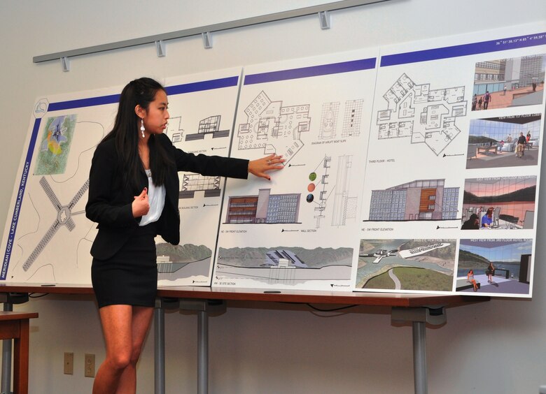 Missica Tang, graduate student at the University of Miami-Ohio, presents “Meridian Cove,” her architectural design for a proposed marina at Lake Cumberland, Ky., to the U.S. Army Corps of Engineers Nashville District Dec. 3, 2012 in Nashville, Tenn.,as part of a real-world class assignment.
