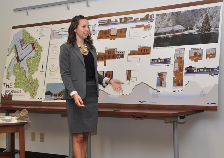 Megan Young, graduate student at the University of Miami-Ohio, presents “The Boardwalk,” her architectural design for a proposed marina at Lake Cumberland, Ky., to the U.S. Army Corps of Engineers Nashville District Dec. 3, 2012 in Nashville, Tenn., as part of a real-world class assignment.