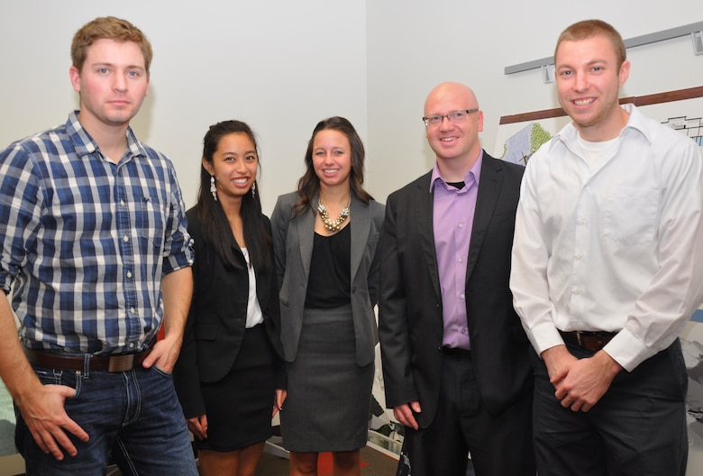 From left, University of Miami-Ohio graduate students Allen Yoder, Missica Tang, Megan Young, Professor Robb Brown and graduate student Adam Clark pause for a photo Dec. 3, 2012. The students presented their architectural designs for a proposed marina at Lake Cumberland, Ky., to the U.S. Army Corps of Engineers Nashville District in Nashville, Tenn., as part of a real-world class project.