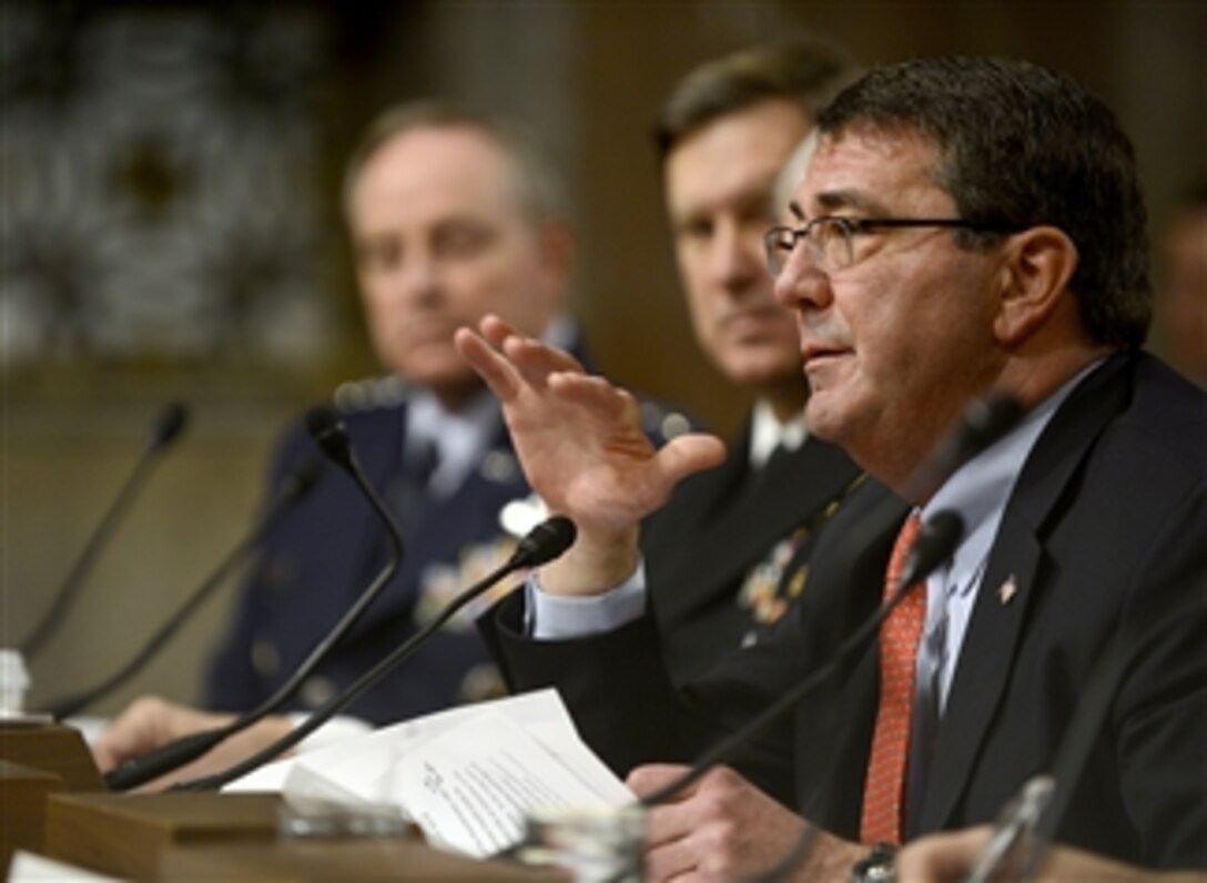 Deputy Secretary of Defense Ashton Carter testifies about the impact on the Department of Defense should the U.S. enter into sequestration during a hearing before the Senate Armed Services Committee in Washington, D.C., on Feb. 12, 2013. 