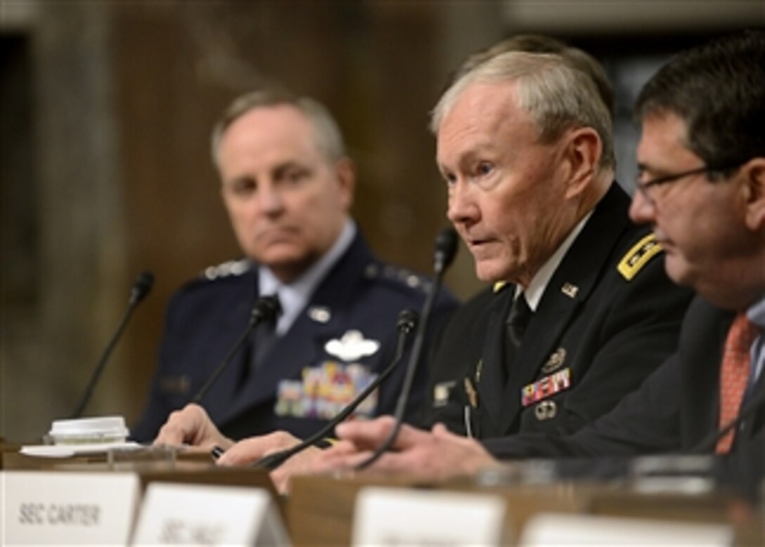 Chairman of the Joint Chiefs of Staff Gen. Martin Dempsey testifies about the impact on the Department of Defense should the U.S. enter into sequestration during a hearing before the Senate Armed Services Committee in Washington, D.C., on Feb. 12, 2013.  DoD photo by Scott Ash, U.S. Air Force.  