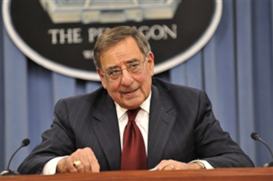 Secretary of Defense Leon E. Panetta conducts one last press briefing before the end of his tenure as secretary in the Pentagon Briefing Room on Feb. 13, 2013.  During the briefing, Panetta offered a reflective and candid view of his time in the office and a concerned assessment of the future relationship between the DoD and Congress.  