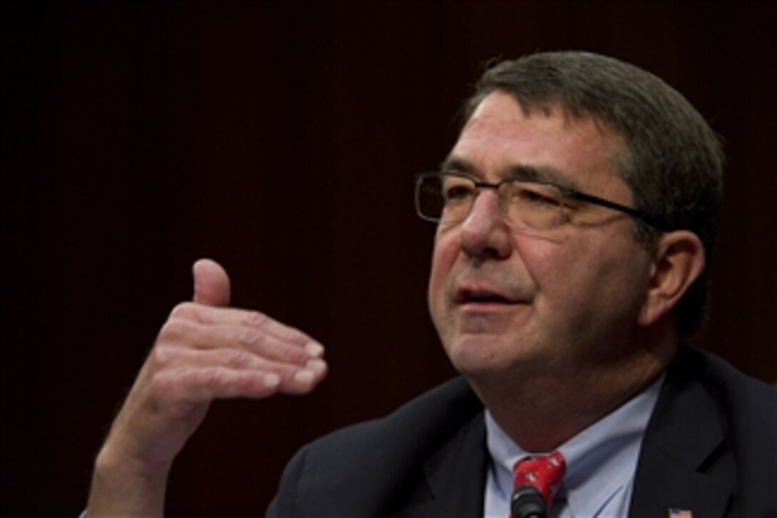 Deputy Secretary of Defense Ashton Carter testifies to the U.S. Senate Committee on Appropriations on the impact of sequestration on the Department of Defense at the Hart Senate Office Building in Washington, D.C., on Feb. 14, 2013. 