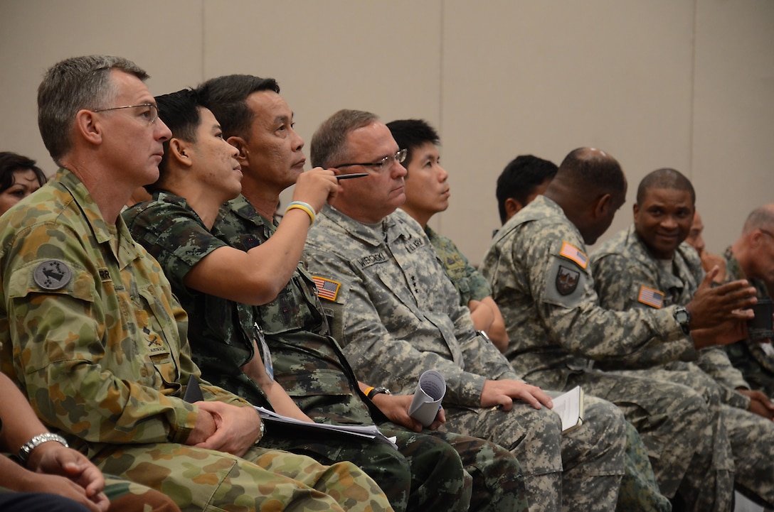 U.S. Army Lt. Gen. Francis J. Wiercinski, commander of U.S. Army Pacific (center) and senior multinational leaders attend a mission analysis brief Feb. 14 during the Cobra Gold 2013 staff exercise in Chiang Mai province, Kingdom of Thailand. CG 13, in its 32nd iteration, is designed to advance regional security and ensure effec-tive response to regional crises by exercising a robust multinational force from nations sharing common goals and security commitments in the Asia-Pacific region.