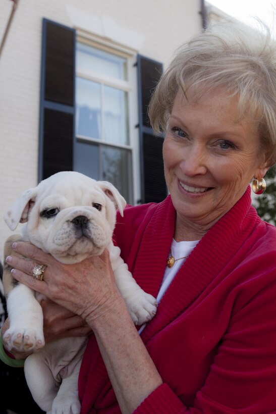 Bonnie Amos, wife of Gen. James F. Amos, commandant of the Marine Corps, holds Chesty, the future Marine Corps mascot, during the puppy's visit to the Home of the Commandants, Marine Barracks Washington, D.C., Feb. 14. Chesty, a 9-week-old pedigree English bulldog is soon to become the future Marine Corps mascot after the completion of obedience and recruit training with a ceremony scheduled for March 29. After completing training, the young puppy will earn the title Marine joining the ranks of his well-known predecessors. 