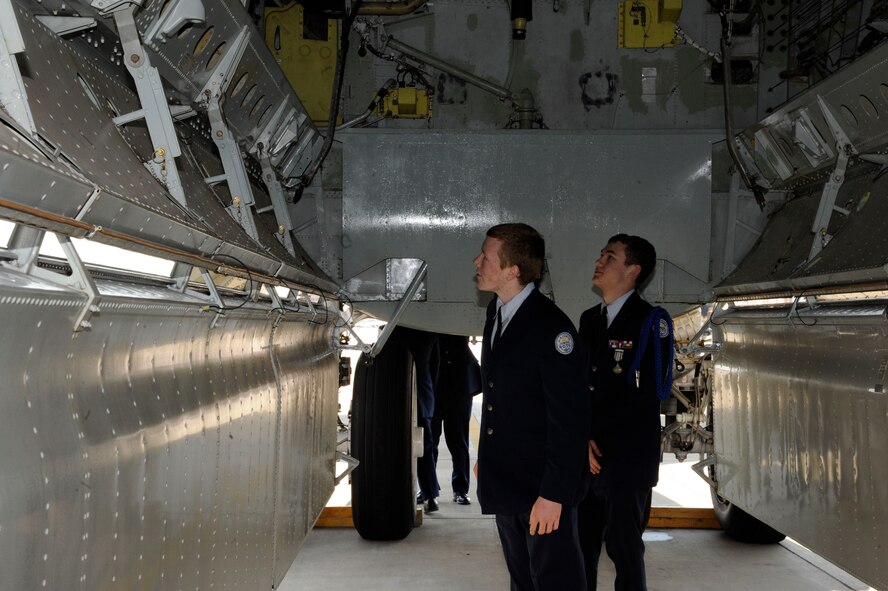 Cadet 2nd Lieutenant Logan Womack and Cadet Major Jacob Hall, Junior Reserve Officer Training Corps members from West Monroe High school, La., explore the inside of a B-52H Stratofortress bomber's bomb bay on Barksdale Air Force Base, La., Feb. 15. The cadets were here as part of a community relations tour to experience military life and visited areas such as Airmen dormitories, B-52s on the flightline and military working dogs. (U.S. Air Force photo/Airman 1st Class Andrew Moua)