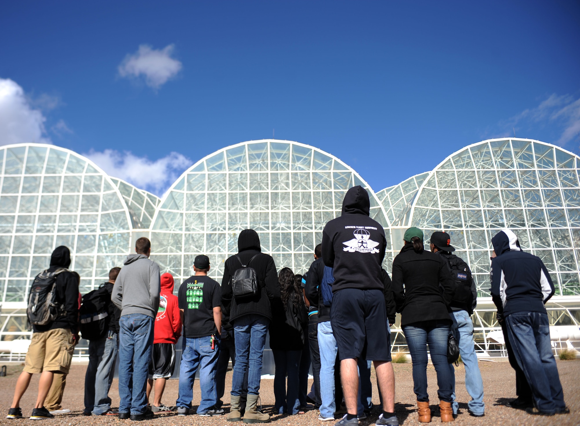 U.S. Air Force Airmen from Davis-Monthan Air Force Base, Ariz. stand outside the Biosphere 2 facility in Tucson, Ariz., on Feb. 9, 2013. The facility was designed to test if human beings could sustain life inside a completely enclosed structure. (U.S. Air Force photo by Senior Airman Timothy Moore/Released)