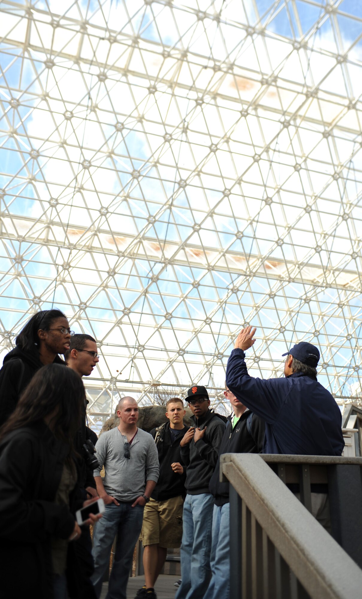 U.S. Air Force Airmen from Davis-Monthan Air Force Base, Ariz. listen to a tour guide inside the Biosphere 2 facility in Tucson, Ariz., Feb. 9, 2013. The Airmen visited the facility as part of a trip conducted by the Loft Airman Ministry Center. (U.S. Air Force photo by Senior Airman Timothy Moore/Released)