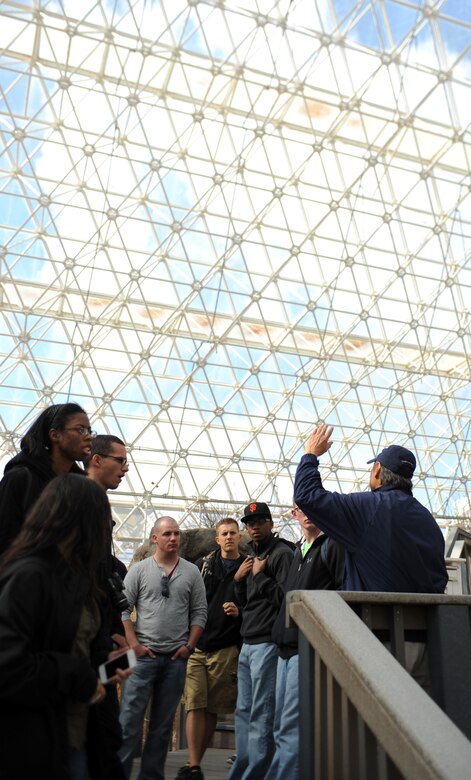 U.S. Air Force Airmen from Davis-Monthan Air Force Base, Ariz. listen to a tour guide inside the Biosphere 2 facility in Tucson, Ariz., Feb. 9, 2013. The Airmen visited the facility as part of a trip conducted by the Loft Airman Ministry Center. (U.S. Air Force photo by Senior Airman Timothy Moore/Released)