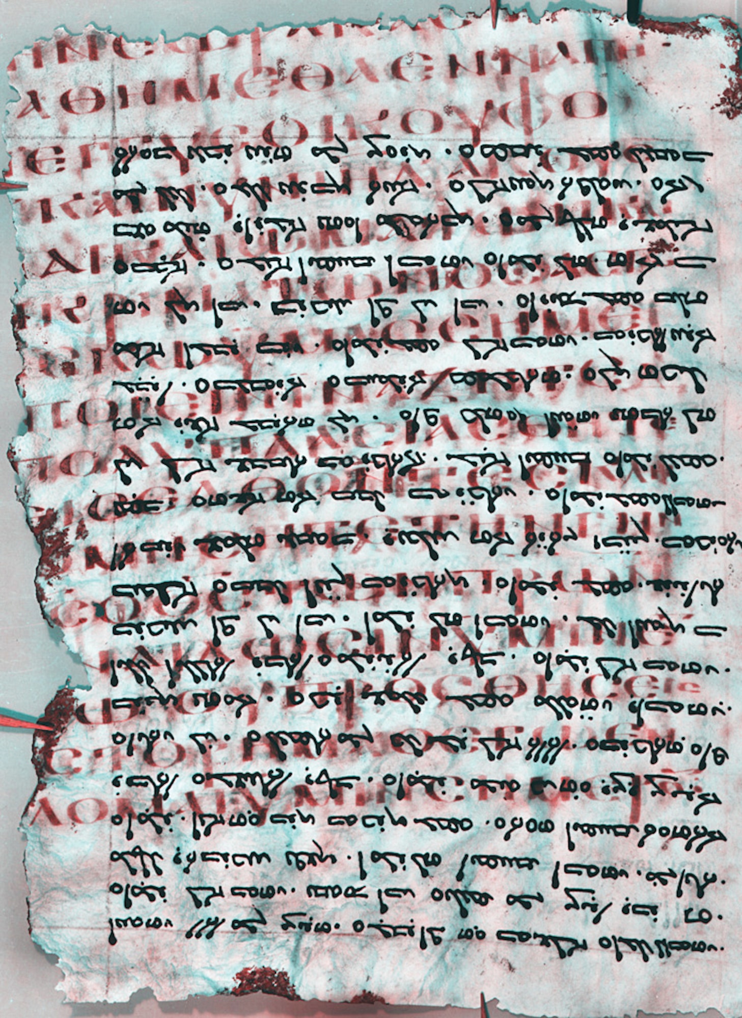Dr. Keith Knox, Air Force Research Laboratory scientist, has been working with teams to reveal ancient text. The work involves separating the two writings and enhancing the erased writing, making it easier for scholars to read. Here the ordinary visible text appears in black, while the more ancient erased text, written in Greek, appears in red. 
  
Photo: Copyright St. Catherine’s Monastery, used with permission.
