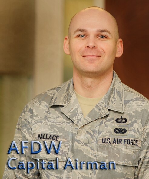 Tech. Sgt. Nathan Wallace, Air Force District of Washington Non-commissioned officer in charge of the installation support division and the contract manager for the 844th Communications Group Information Technology support contract, the largest IT contract in the U.S. Air Force which is vital to our nation's national security. Wallace has served thirteen years in the Air Force and has recently volunteered as the guest speaker for the Junior ROTC students at a local high school and participating in the Martin Luther King Jr. Community clean up. He enjoys spending time with family, sports and traveling.(U.S. Air Force photo by Staff Sgt. Christopher Ruano)