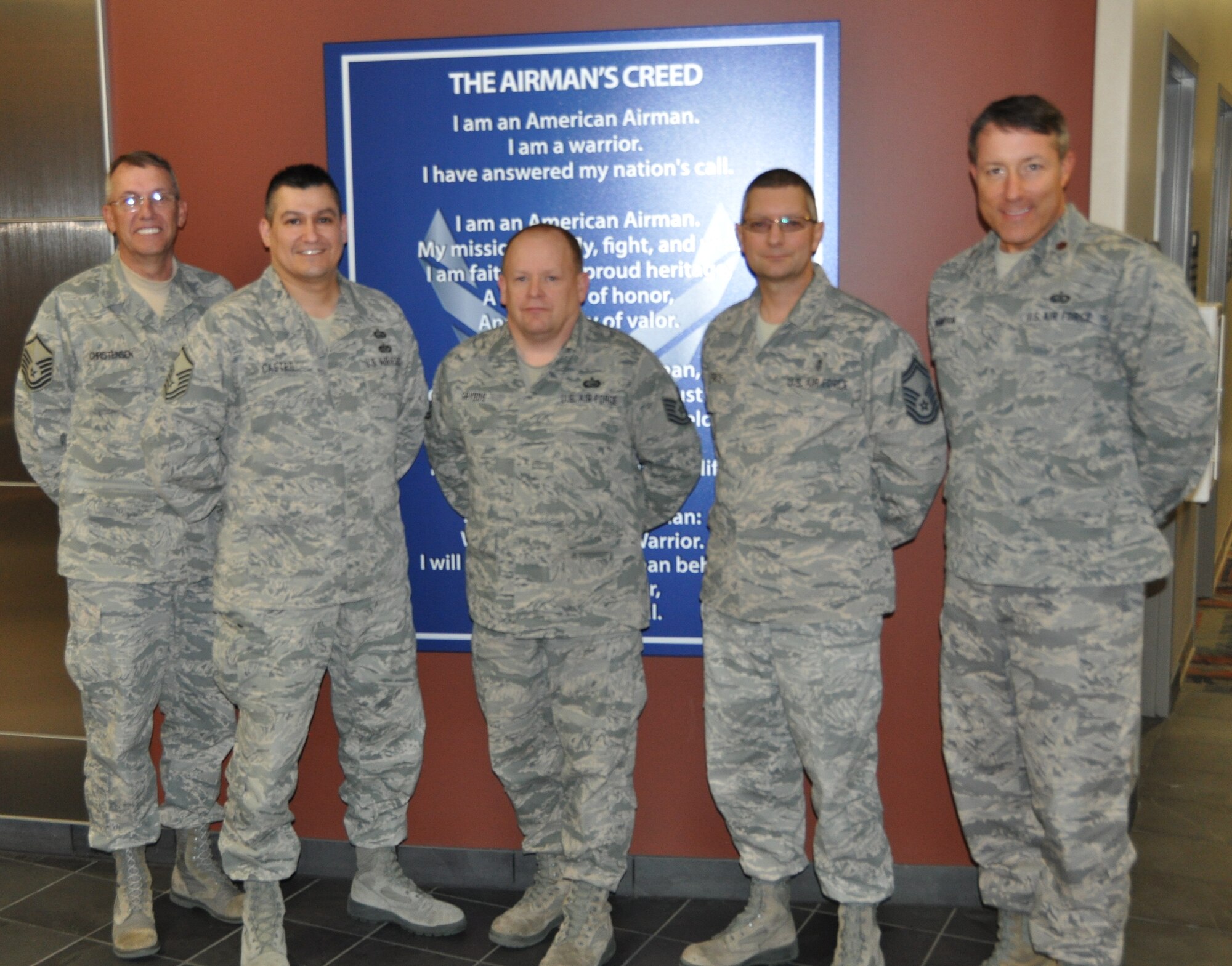 Seven Air Force reservists teamed up for the Air Reserve Personnel Center-A Team to win the Buckley base bowling league championship Feb. 12, 2013. Team members pictured from right to left (Master Sgt. Jon Christensen, Master Sgt. Javier Castro, Tech. Sgt. Rick Grybos, Senior Master Sgt. Peter Price and Maj. Trent Champion) Not pictured are: Tech. Sgt. Alejandro Sanchez and Senior Airman Kevin Thao. (U.S. Air Force photo/Tech. Sgt. Rob Hazelett)