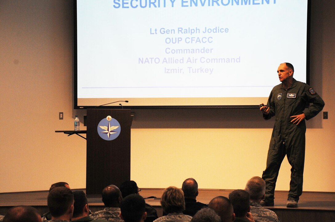 Lt. Gen. Ralph Jodice (stage), addresses base personnel during a professional development seminar aimed at exploring combined air operations in Libya at the 80th Operations Group auditorium at Sheppard Air Force Base, Texas, Feb. 15.
Jodice, currently the commander of both NATO Allied Air Command Headquarters and the 16th Air Expeditionary Task Force in Izmir, Turkey, is at the base as the guest speaker for the Euro-NATO Joint Jet Pilot Training Program class 13-03 graduation ceremony. (U.S. Air Force photo/Dan Hawkins)
