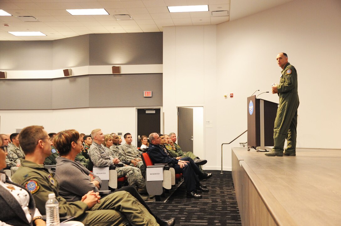 Lt. Gen. Ralph Jodice (stage), addresses base personnel during a professional development seminar aimed at exploring combined air operations in Libya at the 80th Operations Group auditorium at Sheppard Air Force Base, Texas, Feb. 15.
Jodice, currently the commander of both NATO Allied Air Command Headquarters and the 16th Air Expeditionary Task Force in Izmir, Turkey, is at the base as the guest speaker for the Euro-NATO Joint Jet Pilot Training Program class 13-03 graduation ceremony. (U.S. Air Force photo/Dan Hawkins)
