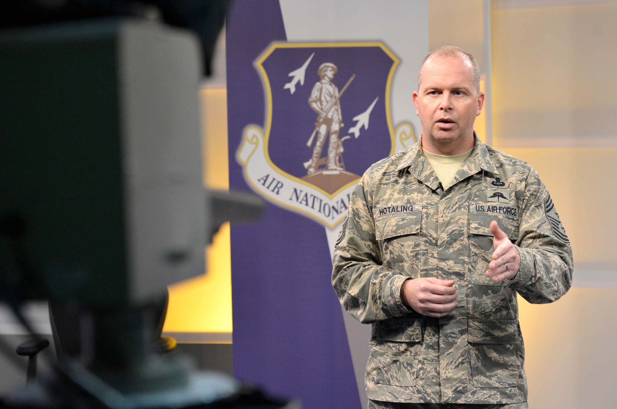 Chief Master Sgt. Jim Hotaling, Command Chief Master Sergeant of the Air National Guard, records a message to Airmen in the TEC-TV studio during a visit to the I.G. Brown Training and Education Center, Feb. 13. The visit to TEC is the chief's first visit to the field since taking office Feb. 4. (National Guard photo by Master Sgt. Kurt Skoglund)